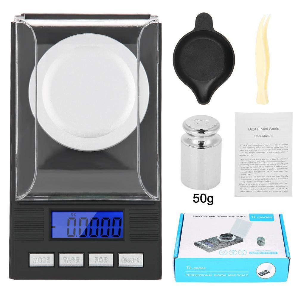 Digital Milligram Jewelry, LED Digital Display Mini Portable High Precision 0.001g Pocket Jewelry with Calibration Weights Tweezers and Weighing Pans (100g)