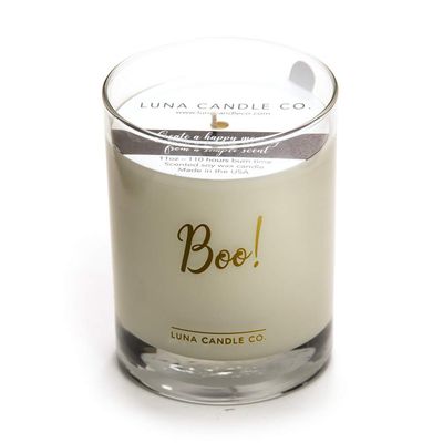 Halloween Decor Boo! Gold Script Scented Candle, Cozy Toasted Smores Scented, Premium Natural Soy Blend Wax Jar Candle, 11 oz, Clean Burning, Aromatherapy Spa Candle - Lune Candle Co.