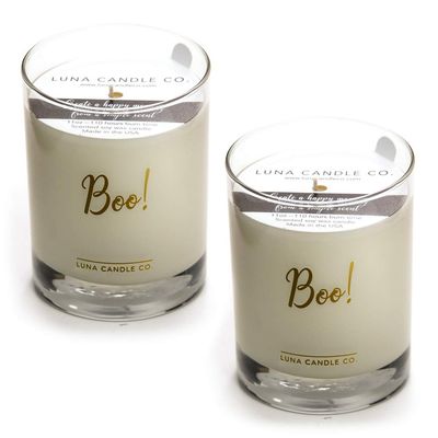 Halloween Decor Boo! Gold Script Scented Candle, Cozy Toasted Smores Scented, Premium Natural Soy Blend Wax Jar Candle, 11 oz, Clean Burning, Aromatherapy Spa Candle - Lune Candle Co. (2 Pack)