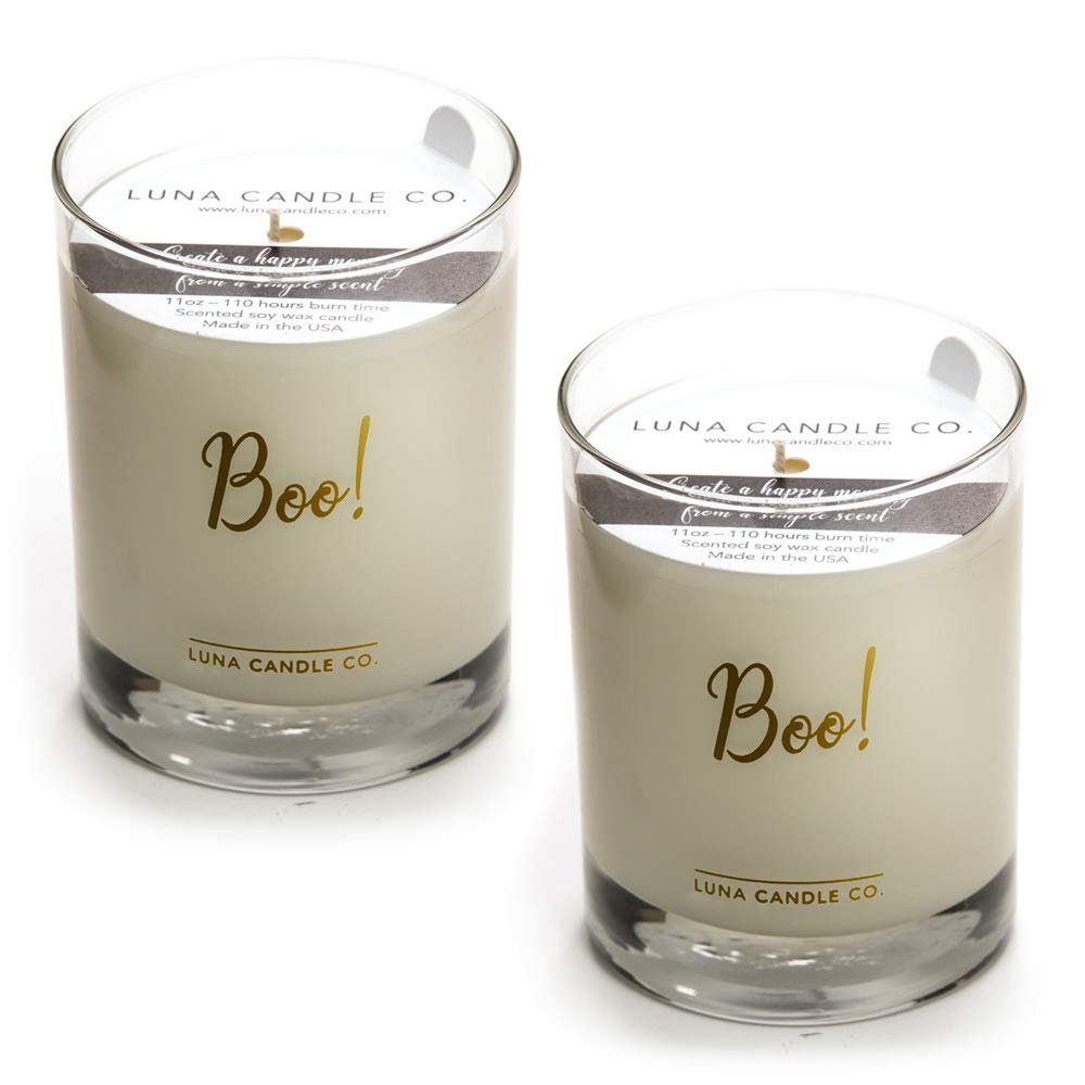Halloween Decor Boo! Gold Script Scented Candle, Cozy Toasted Smores Scented, Premium Natural Soy Blend Wax Jar Candle, 11 oz, Clean Burning, Aromatherapy Spa Candle - Lune Candle Co. (2 Pack)