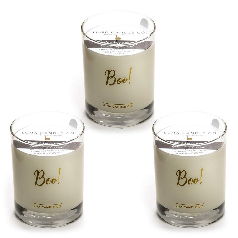 Halloween Decor Boo! Gold Script Scented Candle, Cozy Toasted Smores Scented, Premium Natural Soy Blend Wax Jar Candle, 11 oz, Clean Burning, Aromatherapy Spa Candle - Lune Candle Co. (3 Pack)