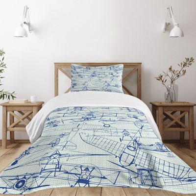 Ambesonne Airplane Bedspread Set, Old Airplane Drawings Classic Dated Flight Vintage Style Nostalgic Jets, 3 Piece Decorative Bedding Coverlet and 2 Pillow Shams, Twin Size, Violet Blue Turquoise