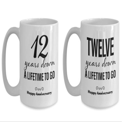 12th Anniversary Coffee Mug Set for Him and Her - 12 Year Wedding Gifts for the Couple Unique for Men Women Husband Wife Parents Boyfriend Girlfriend