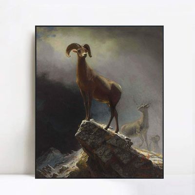 INVIN ART Framed Canvas Giclee Print Rocky Mountain Sheep circa 1882-1883 by Albert Bierstadt Wall Art Living Room Home Office Decorations(Black Slim Frame,20"x24")
