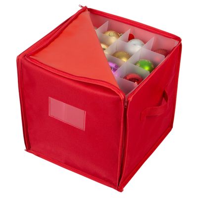 Simplify 64 Count Stackable Ornament Storage Tote Organizer | Christmas Storage | Adjustable Dividers | Two Handles | Zip Closure | Red | Fits 64 Ornaments | Dimensions: 11.81 x 11.81 x 11.81 inches