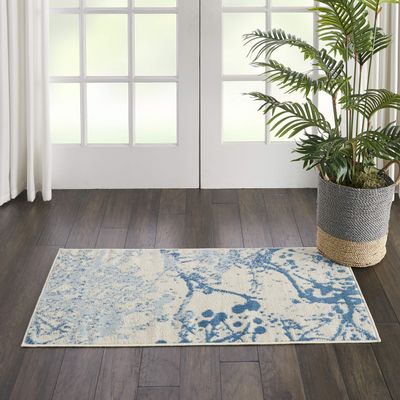 Nourison Home Jubilant Ivory Blue 2' x 4' Area Rug - Easy Clean, Non Shedding, Bed Room, Living Room, Dining Room, Kitchen (2' x 4')