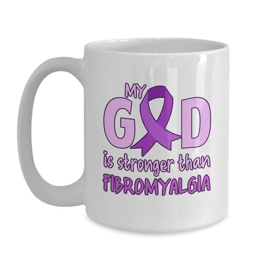 BeeTeeStore Fibromyalgia Awareness Mug - My God Is Stronger Inspirational Coffee Cup - 15oz White Ceramic Tea Mug for Warriors & Survivors