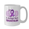 BeeTeeStore Fibromyalgia Awareness Mug - My God Is Stronger Inspirational Coffee Cup - 15oz White Ceramic Tea Mug for Warriors & Survivors view 2