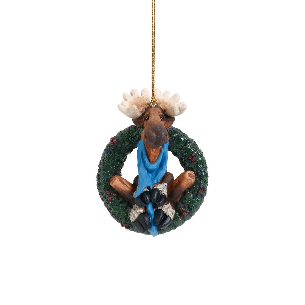DEMDACO Winter Moose Wreath Natural Brown 4 x 3 Hand Cast Resin Stone Christmas Ornament