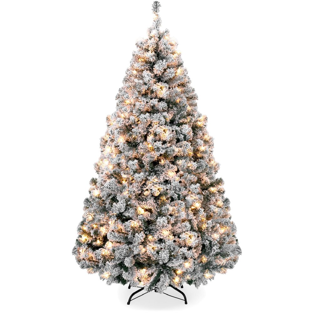 Best Choice Products Pre-Lit Artificial Christmas Tree, 6ft Snow Flocked Design Pine Tree, Full Appearance Snowy w/Easy Assembly, Metal Stand