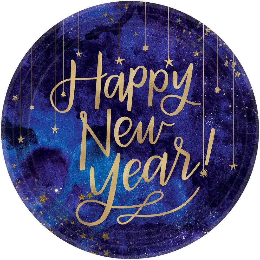 Amscan 542207 Metallic Paper Plates Happy New Year Midnight, 18cm, 8 Pcs