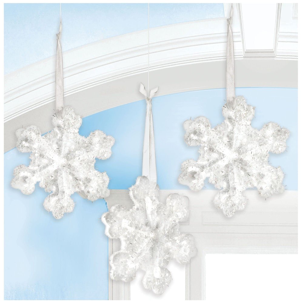 Amscan Dazzling Silver 3-D Multi-Pack Snowflakes - 4.5 x 5 (Pack of 3) - Glittery Foam Decor - Eye-catching Holiday Ornaments - Perfect for Christmas & Festive Displays