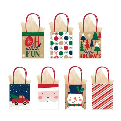 Mini Holiday Kraft Bags - Set of 7 - Small Vertical Bags - Winter Multi-Pack