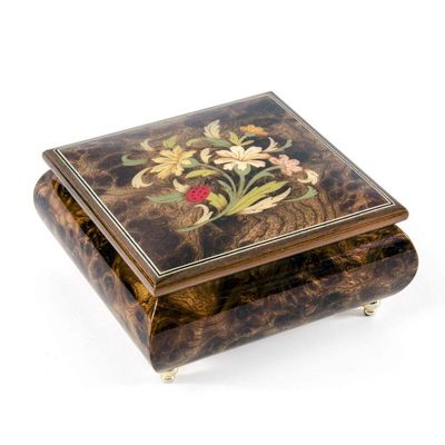 Floral Arrangement with Lady Bug Wood Inlay 18 Note Musical Jewelry Box - Many Songs to Choose - Rock Around The Clock