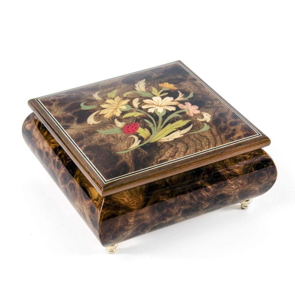 Floral Arrangement with Lady Bug Wood Inlay 18 Note Musical Jewelry Box - Many Songs to Choose - Rock Around The Clock