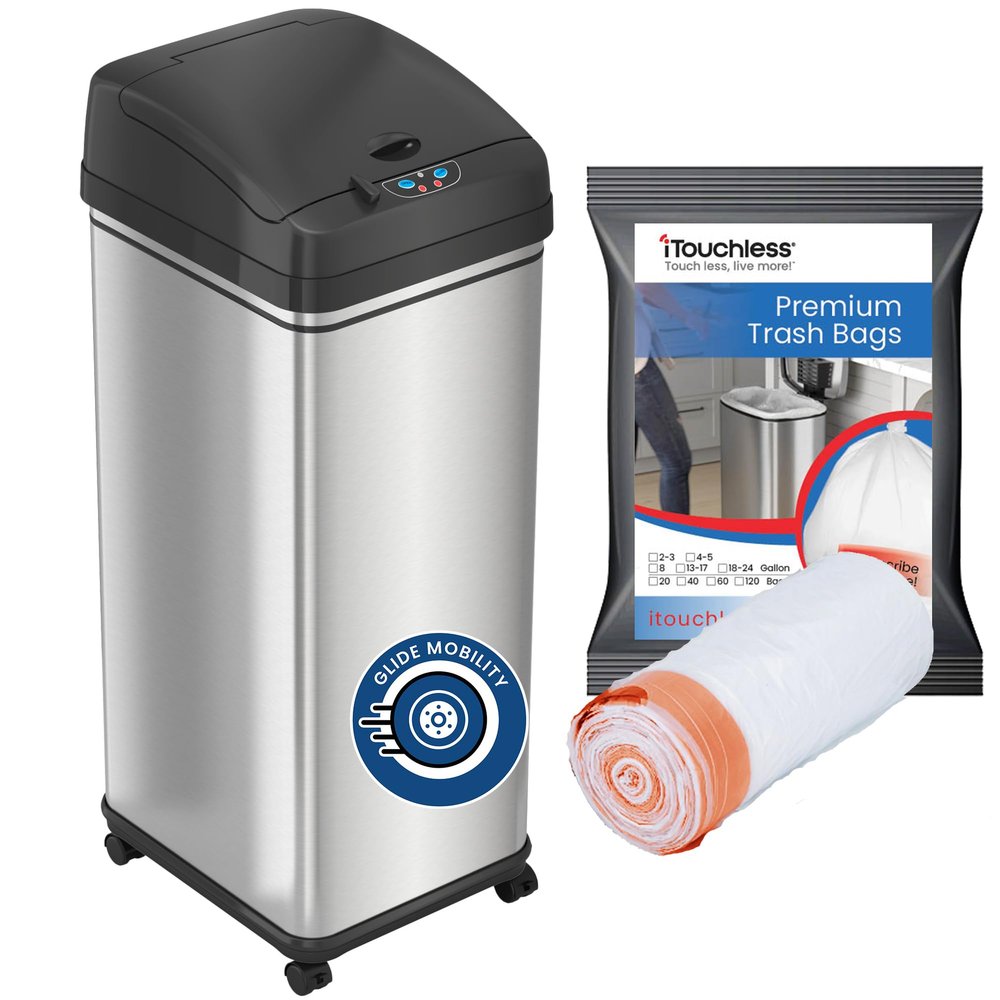 iTouchless 13 Gallon Glide Sensor Trash Can with Wheels and 20 Premium Trash Bags, Odor Control System, Automatic Kitchen and Office Garbage Bin, Stainless Steel (DZM13BG20)