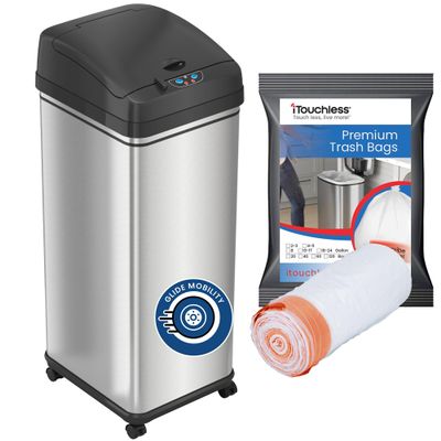 iTouchless 13 Gallon Glide Sensor Trash Can with Wheels and 10 Premium Trash Bags, Odor Control System, Automatic Kitchen and Office Garbage Bin, Stainless Steel