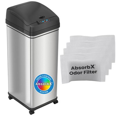 iTouchless 13 Gallon Glide Sensor Trash Can with Wheels and 4 Filters, Odor Control System, Automatic Kitchen and Office Garbage Bin, Stainless Steel