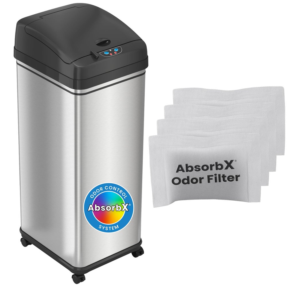iTouchless 13 Gallon Glide Sensor Trash Can with Wheels and 4 Filters, Odor Control System, Automatic Kitchen and Office Garbage Bin, Stainless Steel