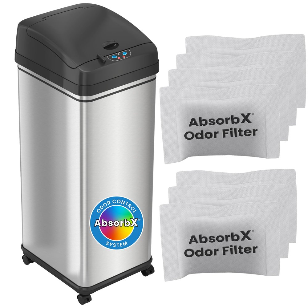 iTouchless 13 Gallon Glide Sensor Trash Can 7 Filters Odor Control System, Automatic Kitchen and Office Garbage Bin, Stainless Steel with Caster Wheels (DZM13CF06)