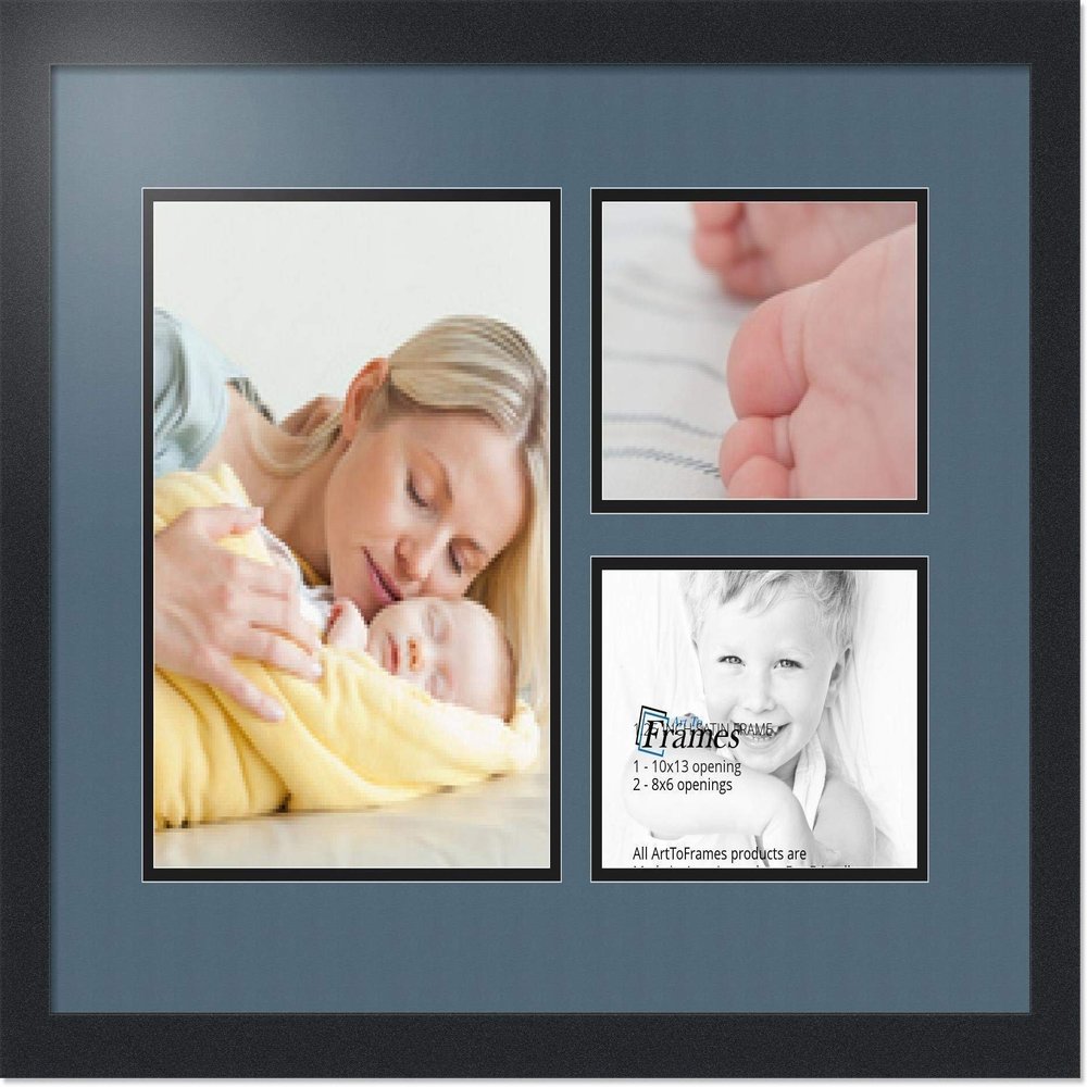 ArtToFrames Collage Photo Frame Double Mat with 1-10x13 and 2-6x8 Openings with Satin Black Frame and Dutch Blue mat.