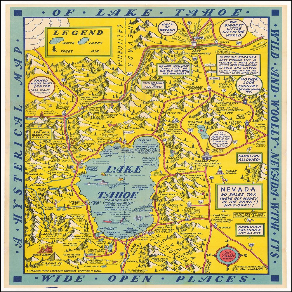 1947 Lake Tahoe and Woolly Nevada Hysterical Pictorial Map Comic Poster Reprint 8793