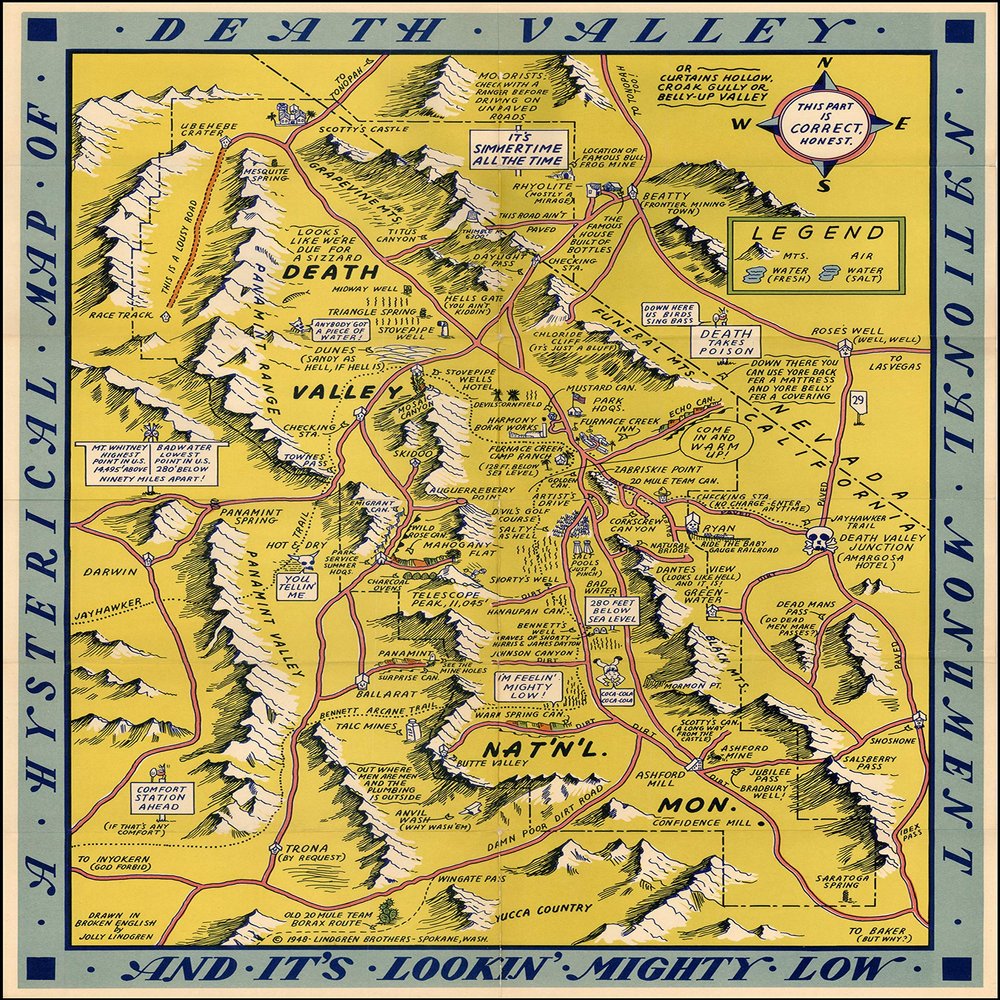 1948 Death Valley National Monument and It's Looking Mighty Low Hysterical Pictorial Map Comic Poster Reprint 6786