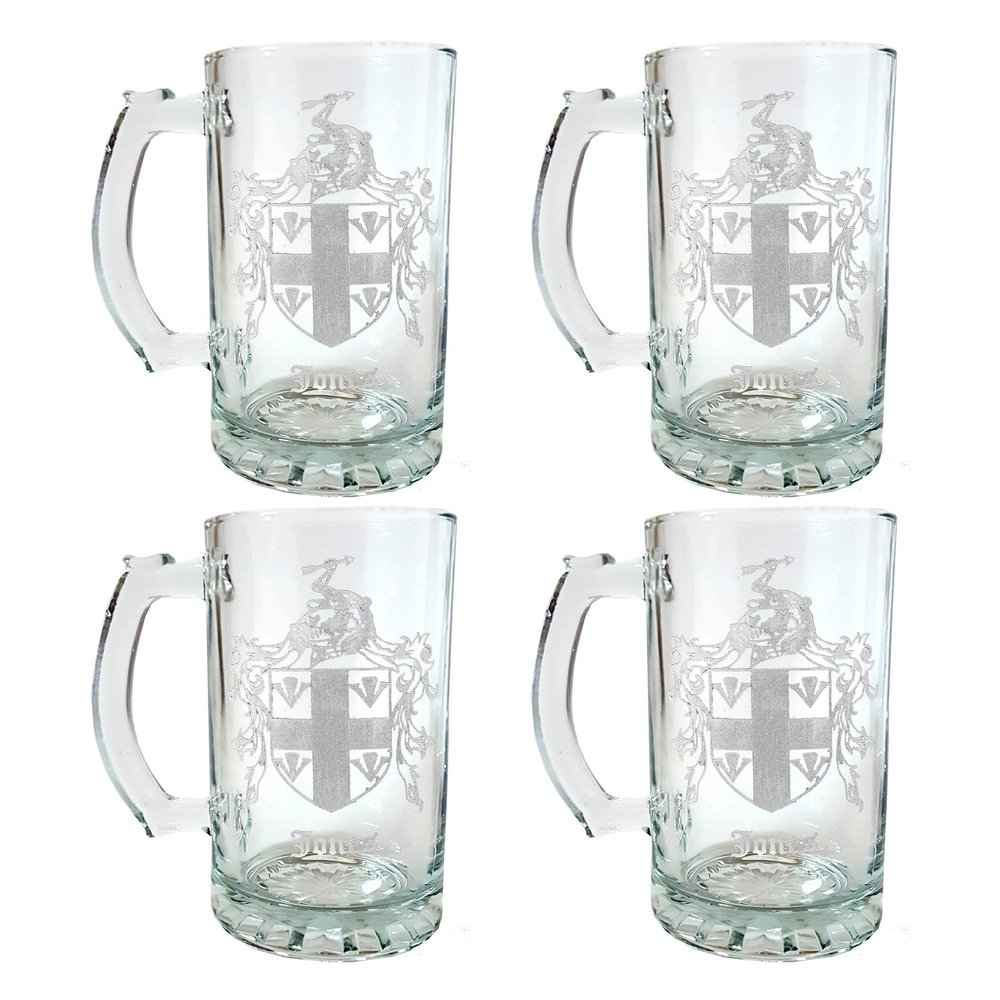 Jones English Family Coat of Arms 27oz Beer Stein Set of 4 - Personalized Heraldic Engraving