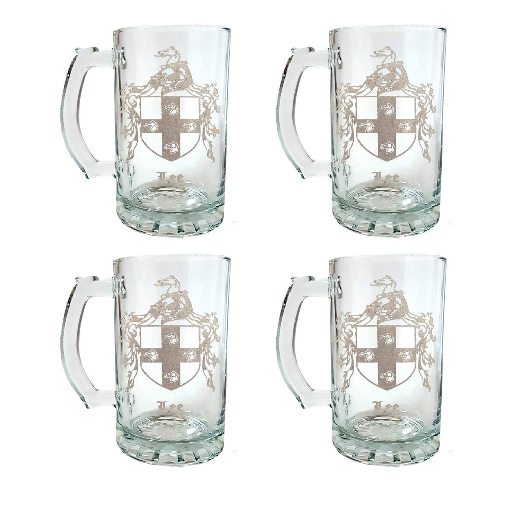 Lee Family Coat of Arms 27oz Beer Stein Set of 4  Personalized Heraldic Engraving