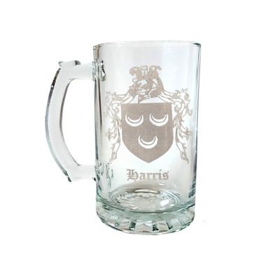 Harris English Family Coat of Arms 27oz Glass Stein  Personalized Heraldic Engraving