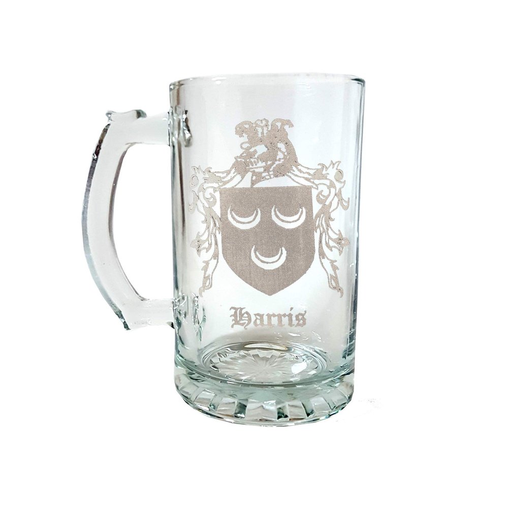 Harris English Family Coat of Arms 27oz Glass Stein  Personalized Heraldic Engraving