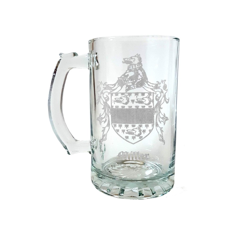Miller English Family Coat of Arms 27oz Glass Stein  Personalized Heraldic Engraving