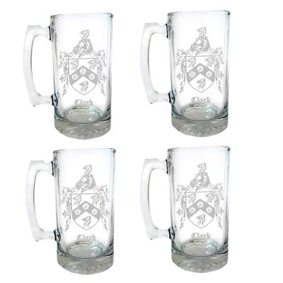 Clark English Family Coat of Arms 27oz Beer Stein Set of 4, Engraved Personalization Included