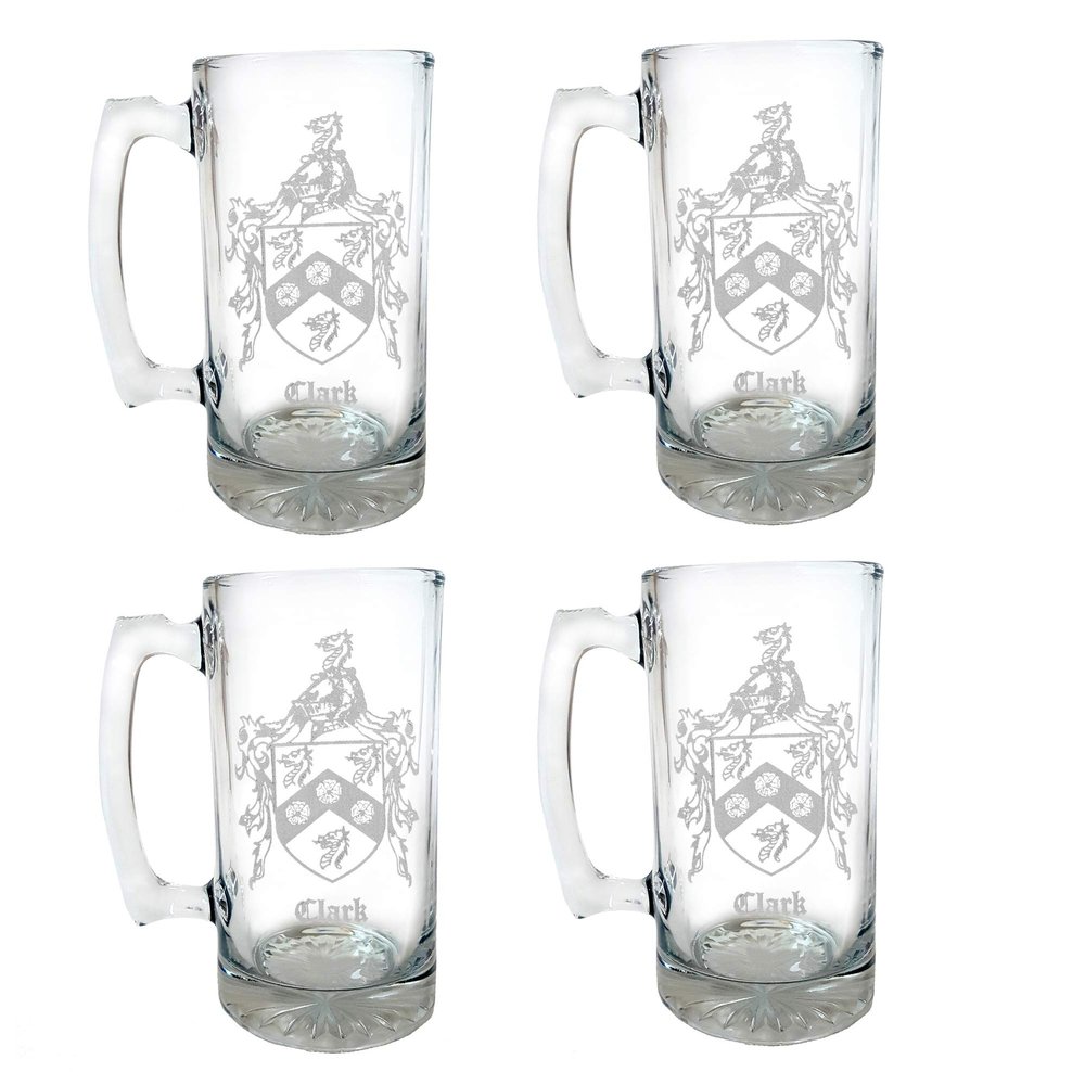 Clark English Family Coat of Arms 27oz Beer Stein Set of 4, Engraved Personalization Included