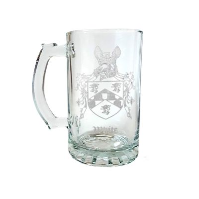 White English Family Coat of Arms 27oz Glass Stein  Personalized Heraldic Beer Mug