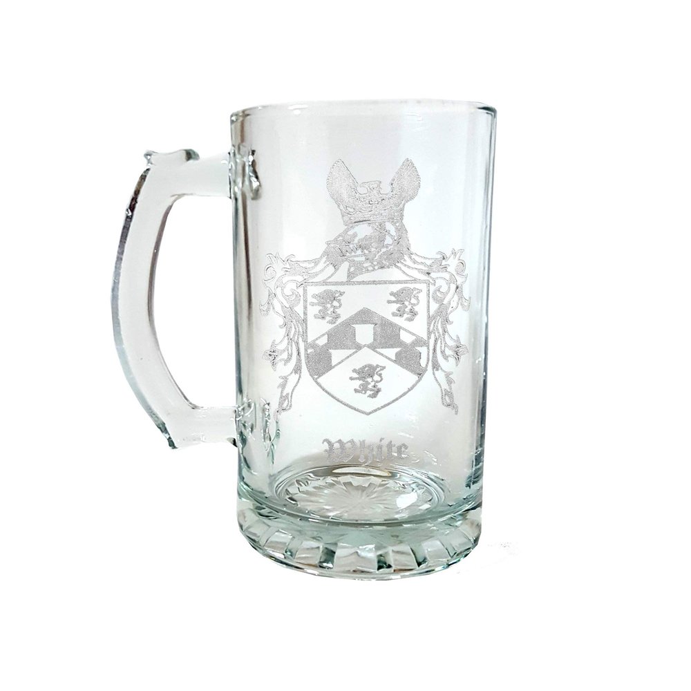 White English Family Coat of Arms 27oz Glass Stein  Personalized Heraldic Beer Mug