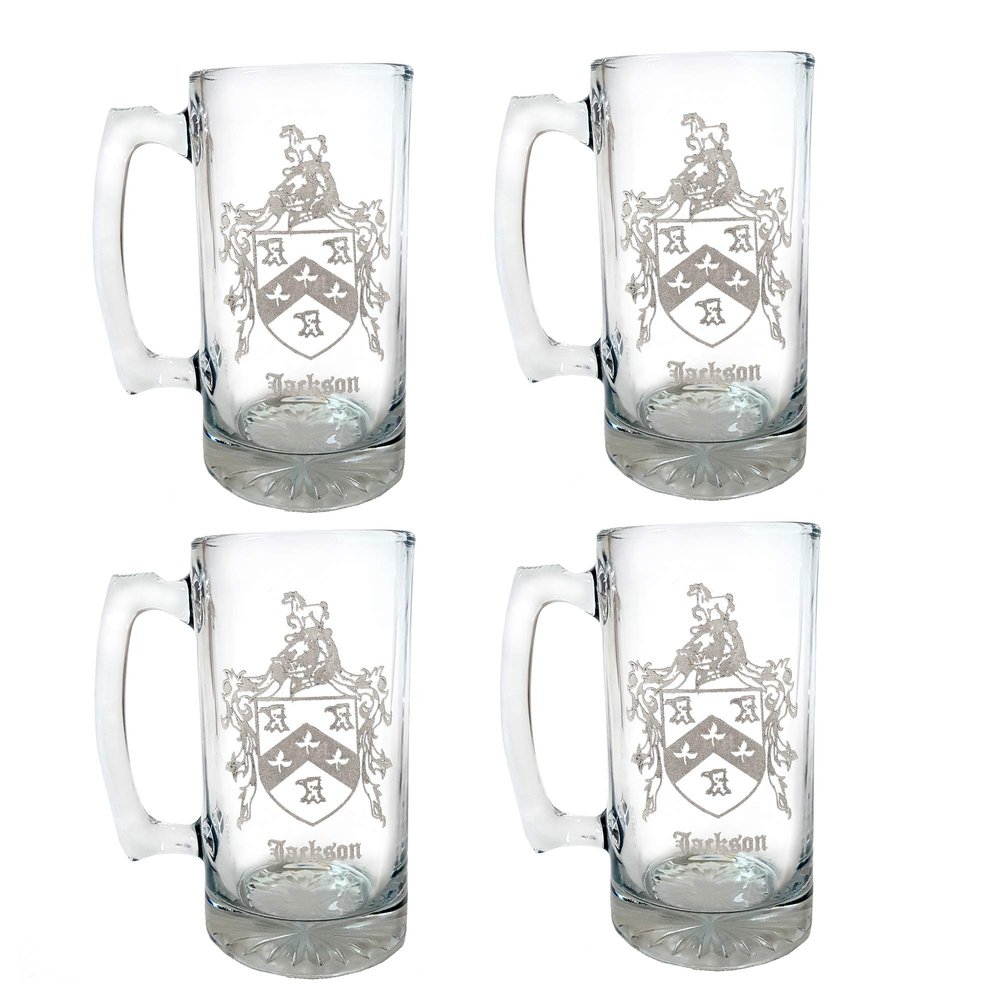 Jackson English Family Coat of Arms 27oz Beer Stein Set of 4  Personalized Heraldic Engraving