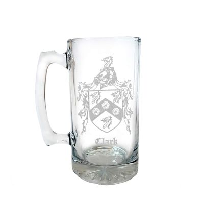Clark English Family Coat of Arms 27oz Glass Stein - Personalized Heraldic Engraving