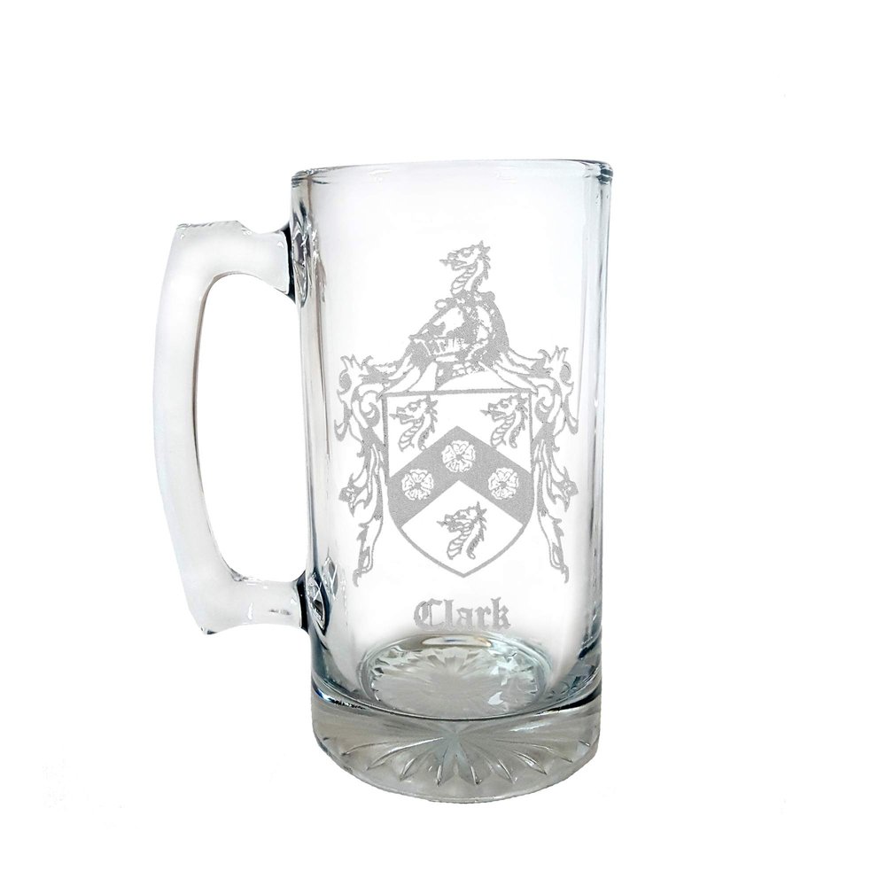 Clark English Family Coat of Arms 27oz Glass Stein - Personalized Heraldic Engraving