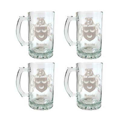 Harris English Family Coat of Arms 27oz Beer Stein - Set of 4 - Personalized Heraldic Engraving