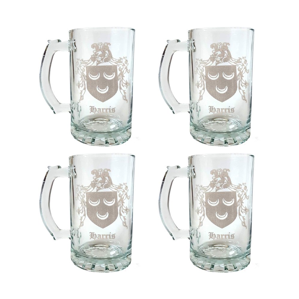 Harris English Family Coat of Arms 27oz Beer Stein - Set of 4 - Personalized Heraldic Engraving