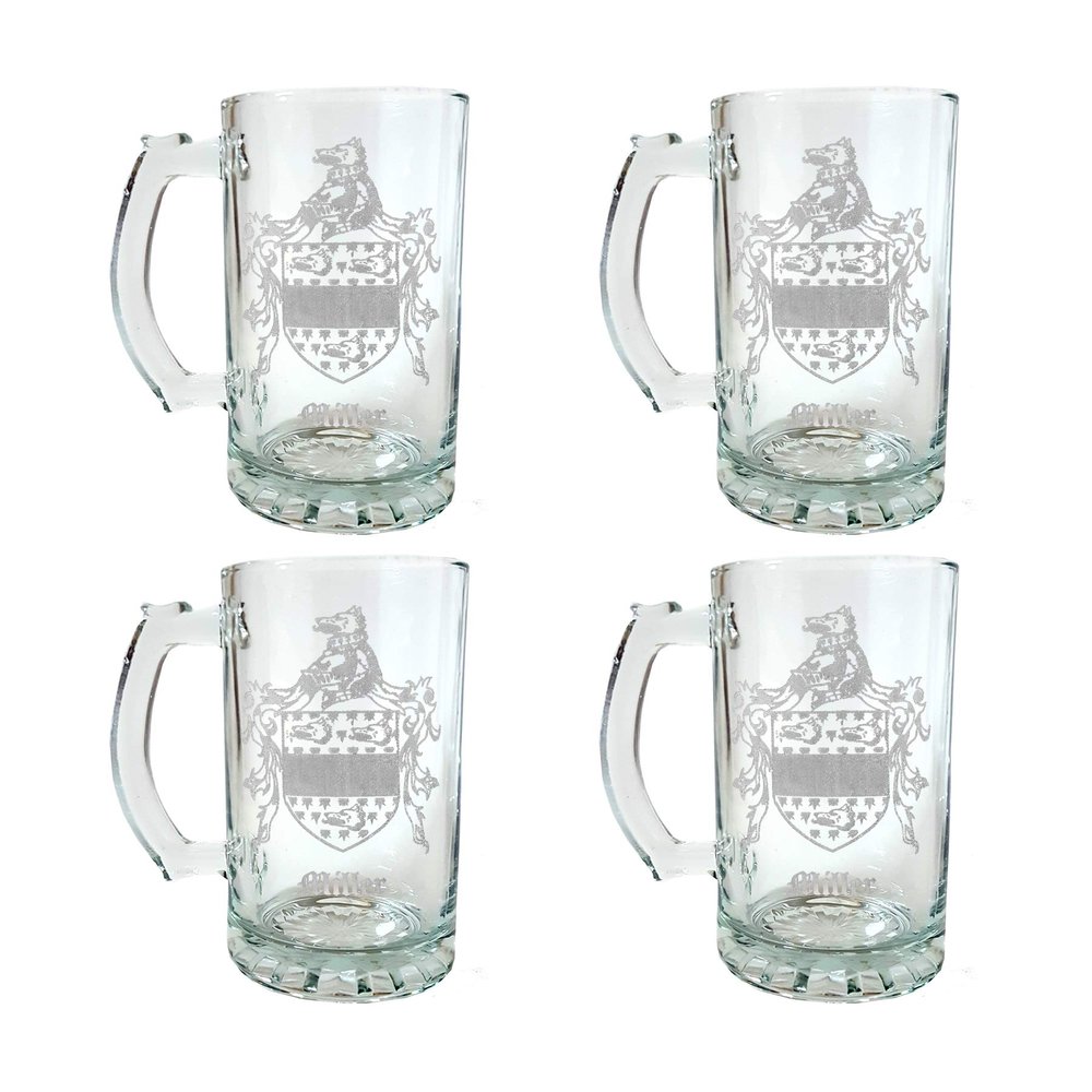 Miller English Family Coat of Arms Beer Stein Set of 4  27oz Personalized Engraved Glass Mugs
