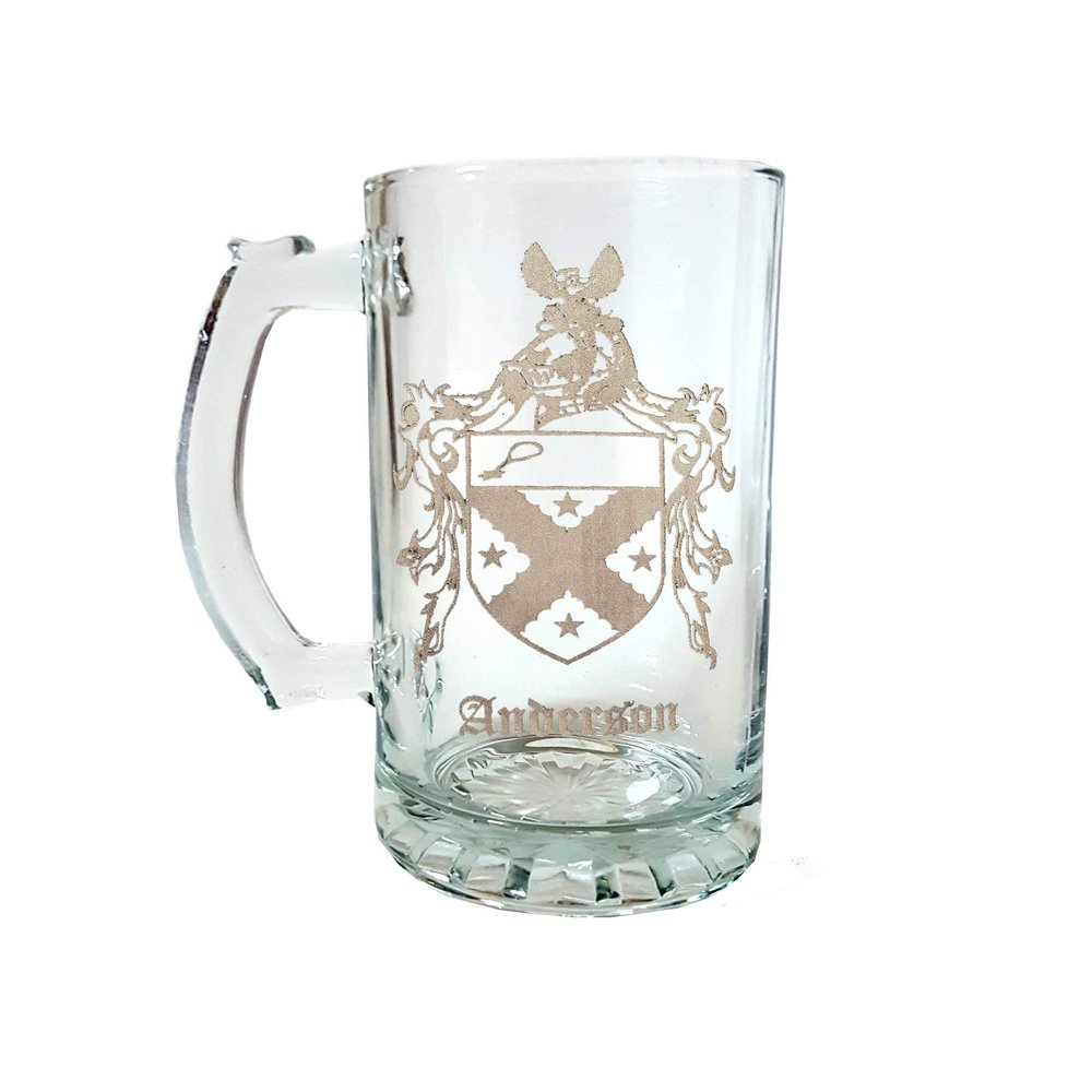 Anderson English Family Coat of Arms 27oz Glass Stein  Personalized Heraldic Engraving