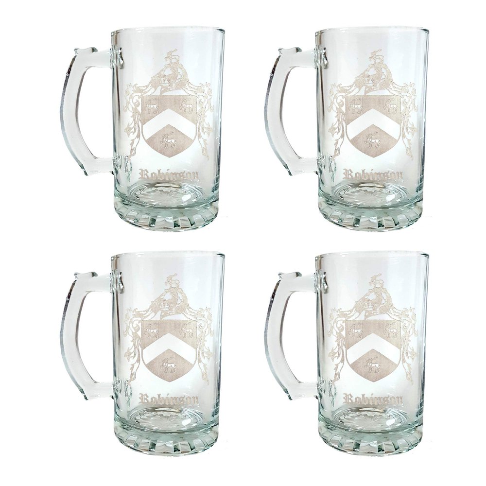 Robinson English Coat of Arms 27oz Beer Stein Set of 4  Engraved Family Crest Glassware, Personalized