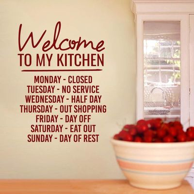 Welcome to My Kitchen Wall Decal, Funny Cooking Kitchen Wall Quote Sticker | 22 Wide x 30 Tall | Cranberry | Pick Your Color & Size