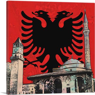 ARTCANVAS Et'hem Bey Mosque Clock Tower with Albanian Two-Headed Eagle Crest Canvas Art Print Stretched Framed Painting Picture Poster Giclee Wall Decor - 26" x 26" (0.75" Deep)