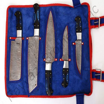 Custom Made Damascus Steel Kitchen Knife 5-Pcs Chef Set FBK-1031 (Black Horn and Blue Wood)
