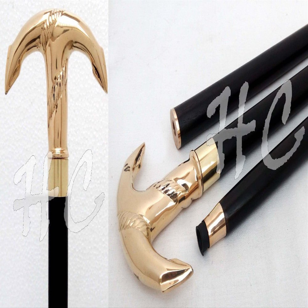 Mahira Nautical Vintage Brass Ship Anchor Handle Walking Canes Stick Nautical Wooden Stick A