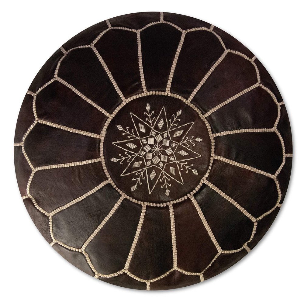 Premium Moroccan Leather Pouf - Handmade - Delivered Stuffed - Ottoman, Footstool, Floor Cushion (Dark Brown)