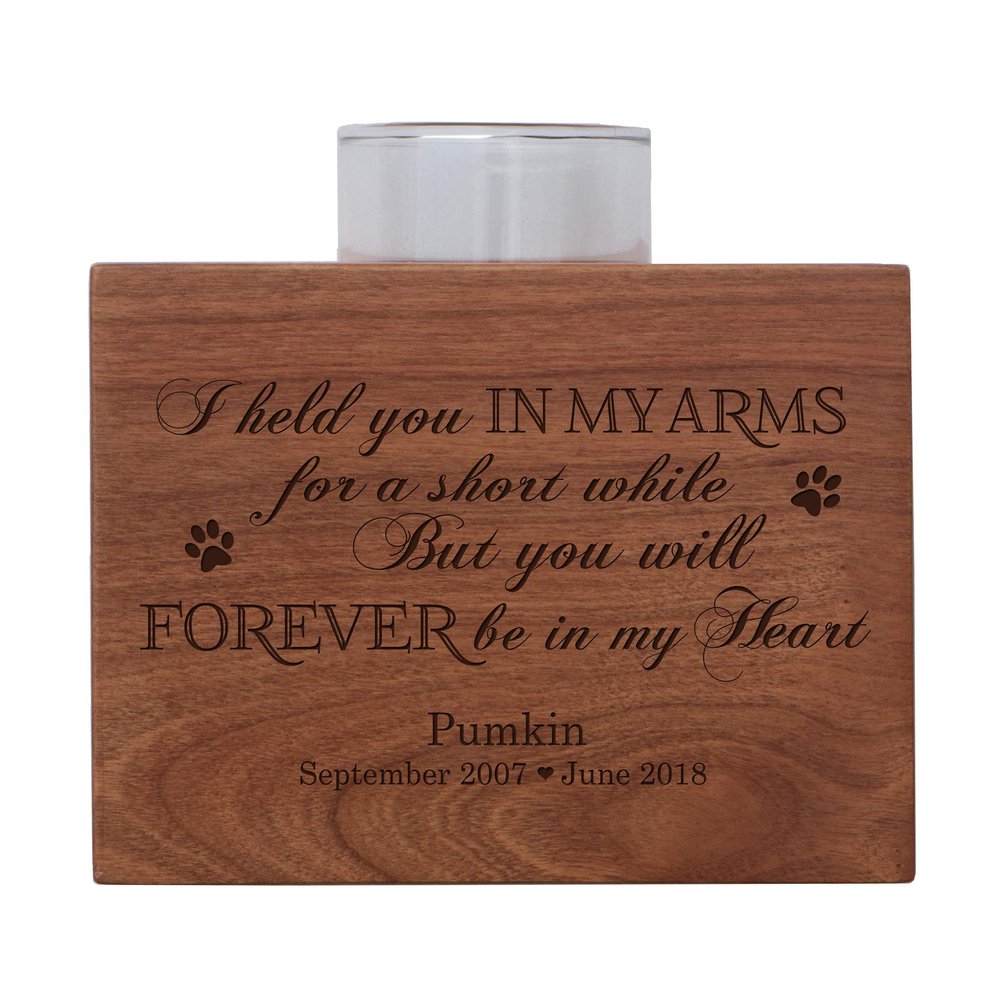 LifeSong Milestones Personalized Pet Memorial Sympathy Votive Funeral Candle Holder Cherry Wood Keepsake Gift Ideas for pet 3.75 x 3.75 x 2.75 (I Held You You in My Arms)